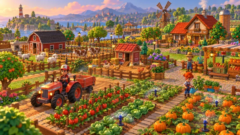 Два игрока работают на большой ферме в Farm Together 2