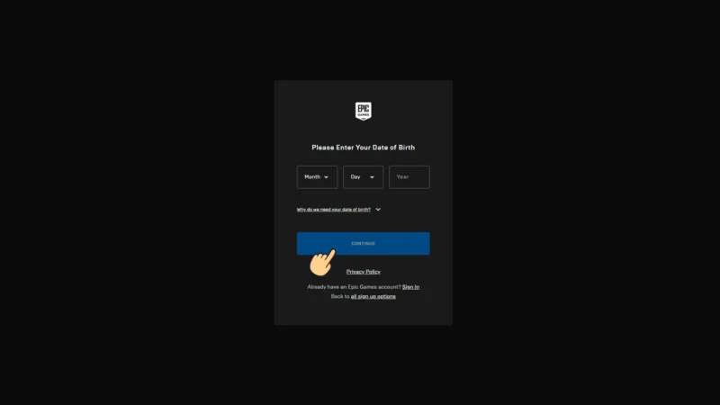 Ввод данных о дате рождения при создании аккаунта в Epic Games