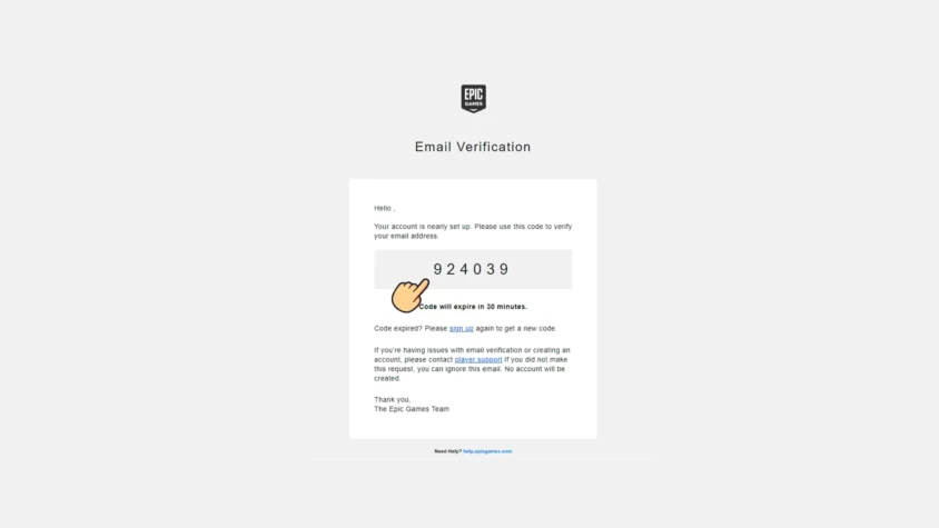 Письмо с кодом подтверждения Email от Epic Games