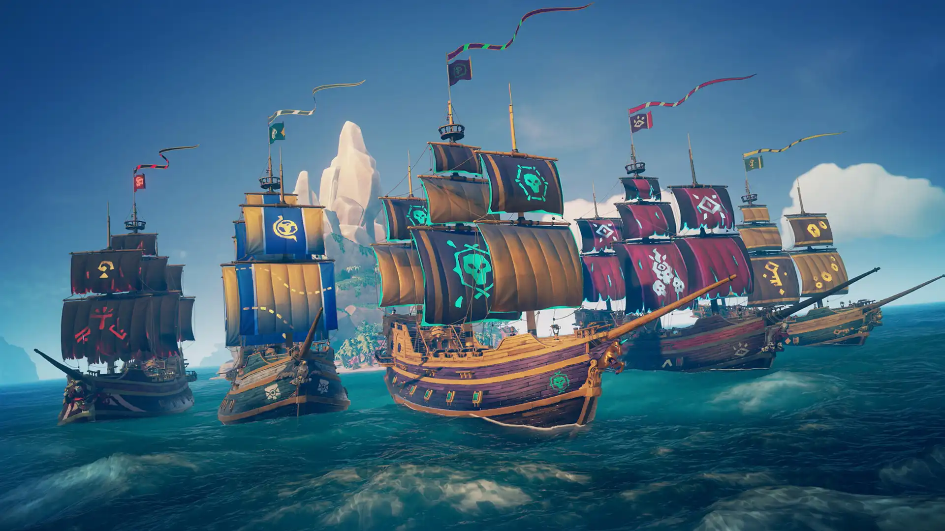 Флотилия пиратских кораблей с разноцветными парусами в Sea of Thieves