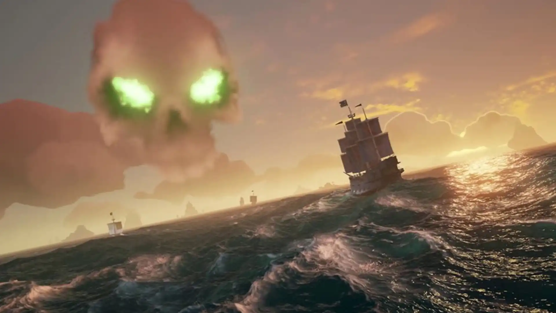 Огромный зеленый череп над кораблем в море в Sea of Thieves