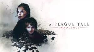 обложка a plague tale: innocence с изображением Амисии и Хьюго на фоне мрачного средневекового ландшафта