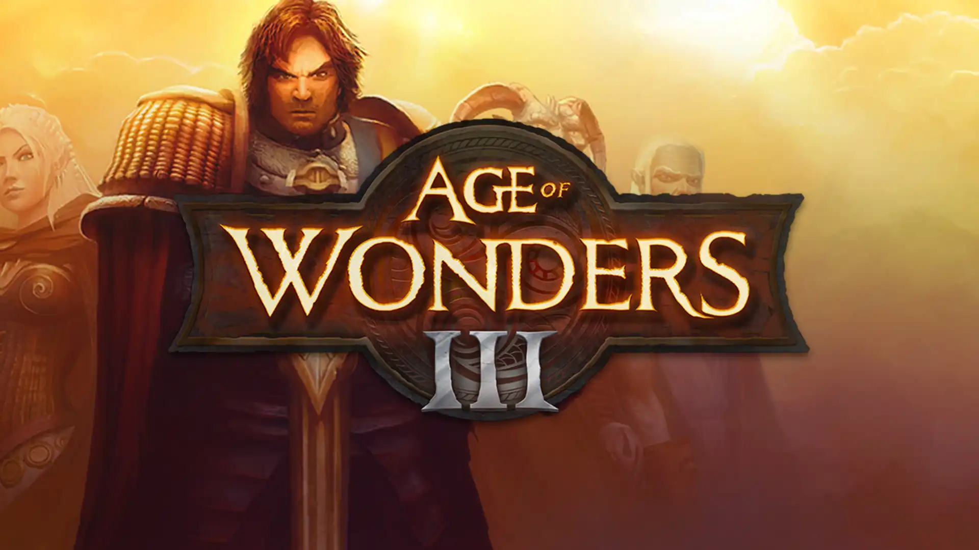 Герои Age of Wonders 3 на фоне светящегося логотипа игры
