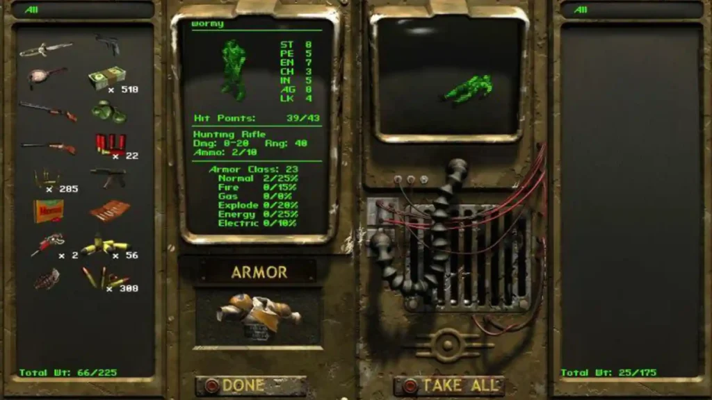 Инвентарь персонажа с разнообразным вооружением и предметами в Fallout Tactics.