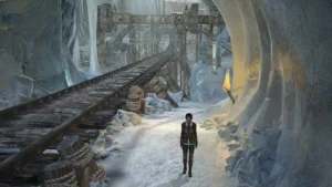 Кейт Уокер исследует заснеженный железнодорожный мост в Syberia 2.