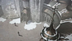 Заснеженный дворец в игре Syberia 2 с видом на дерево.