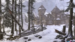 Заснеженное поселение в игре Syberia 2.