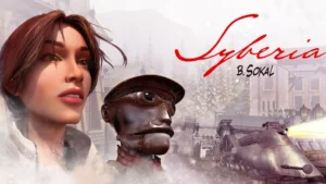 Кейт Уолкер и автомат-персонаж на фоне зимнего города в игре Syberia