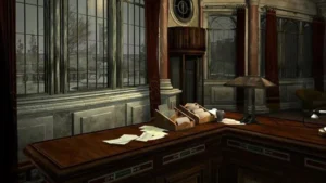 Внутренний вид офиса с видом на снег в игре Syberia