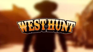 Силуэт ковбоя на фоне заката с логотипом игры "West Hunt"