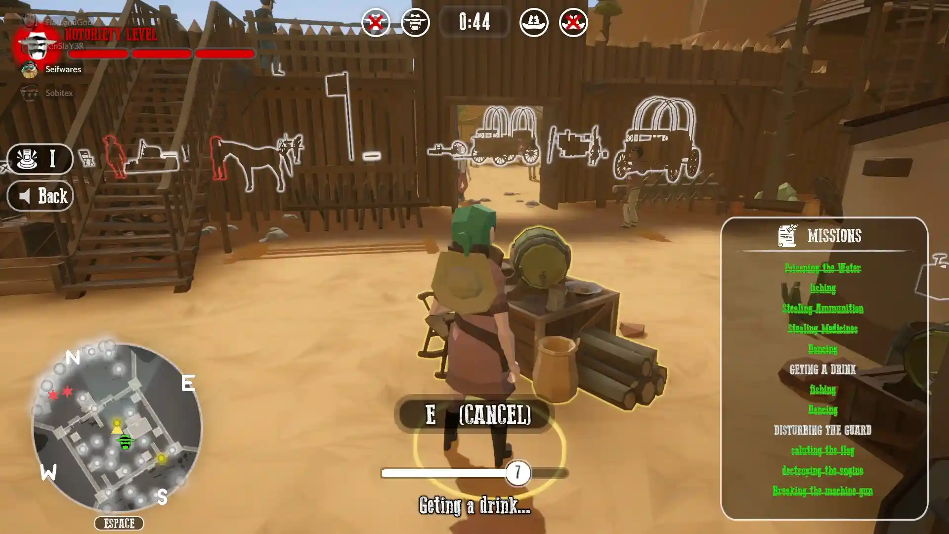 Игрок выполняет задания в "West Hunt", в окружении деревянных заборов и песка