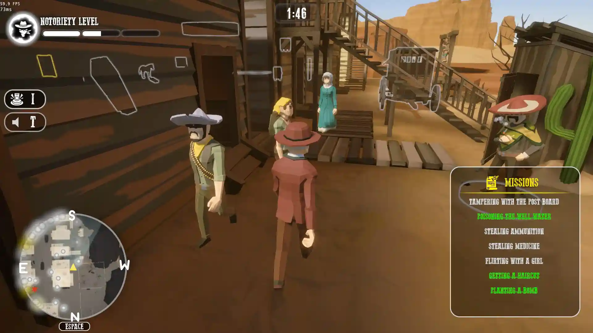 Игрок в шляпе и пончо взаимодействует с объектами в "West Hunt"