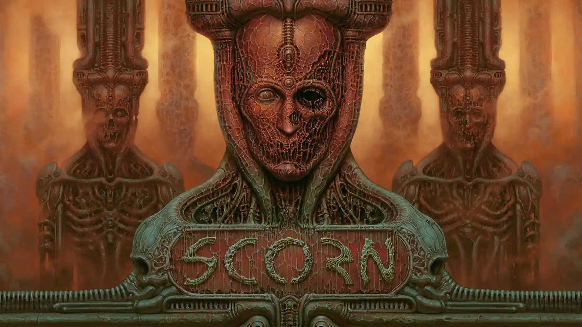 Логотип игры Scorn с гротескным органическим дизайном на фоне