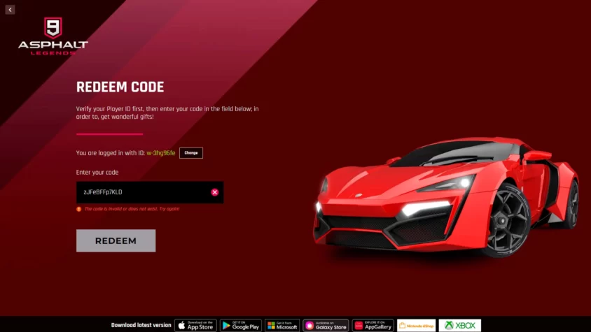Сообщение об ошибке неверного промокода в Asphalt 9