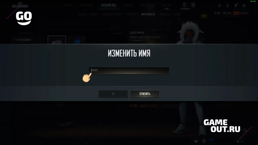 Окно ввода нового имени в PUBG Battlegrounds