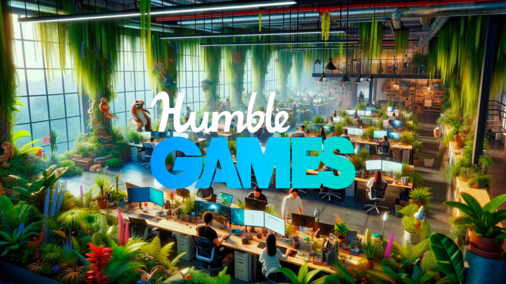 Логотип Humble Games на фоне закрытого офиса, символизирующего увольнения в компании