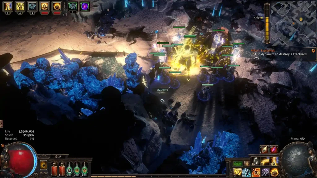 Игроки встречают обновление 3.23.1c в Path of Exile, окружённые синими кристаллами.