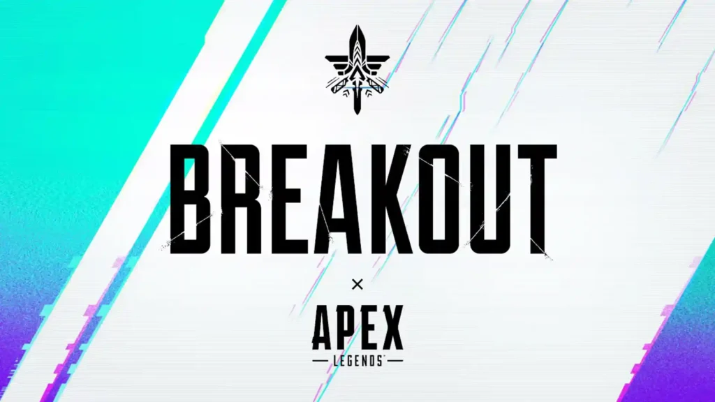 Логотип обновления Breakout Apex Legends на градиентном фоне с элементами геометрии