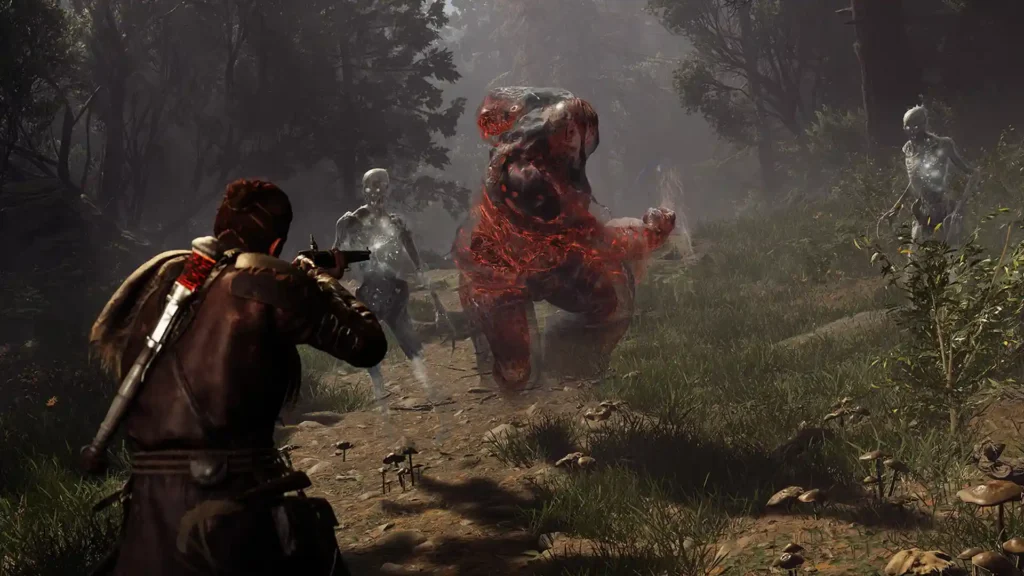 Герой игры Banishers сражается с прозрачными зомби и красным монстром в лесу
