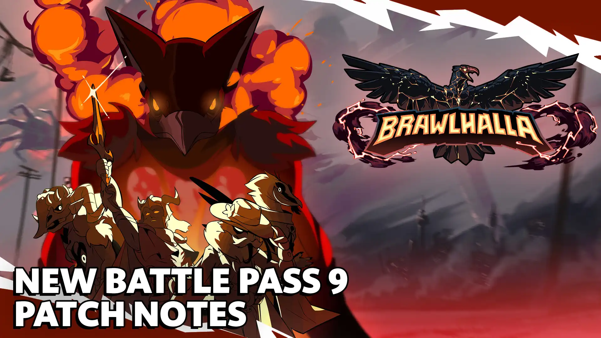 Битвенная обложка Brawlhalla с четырьмя апокалиптическими воинами и знаком Battle Pass 9.