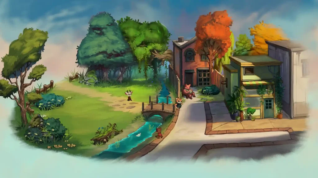Живописный вид на улицу с домами и персонажами, гуляющими по миру Beacon Pines