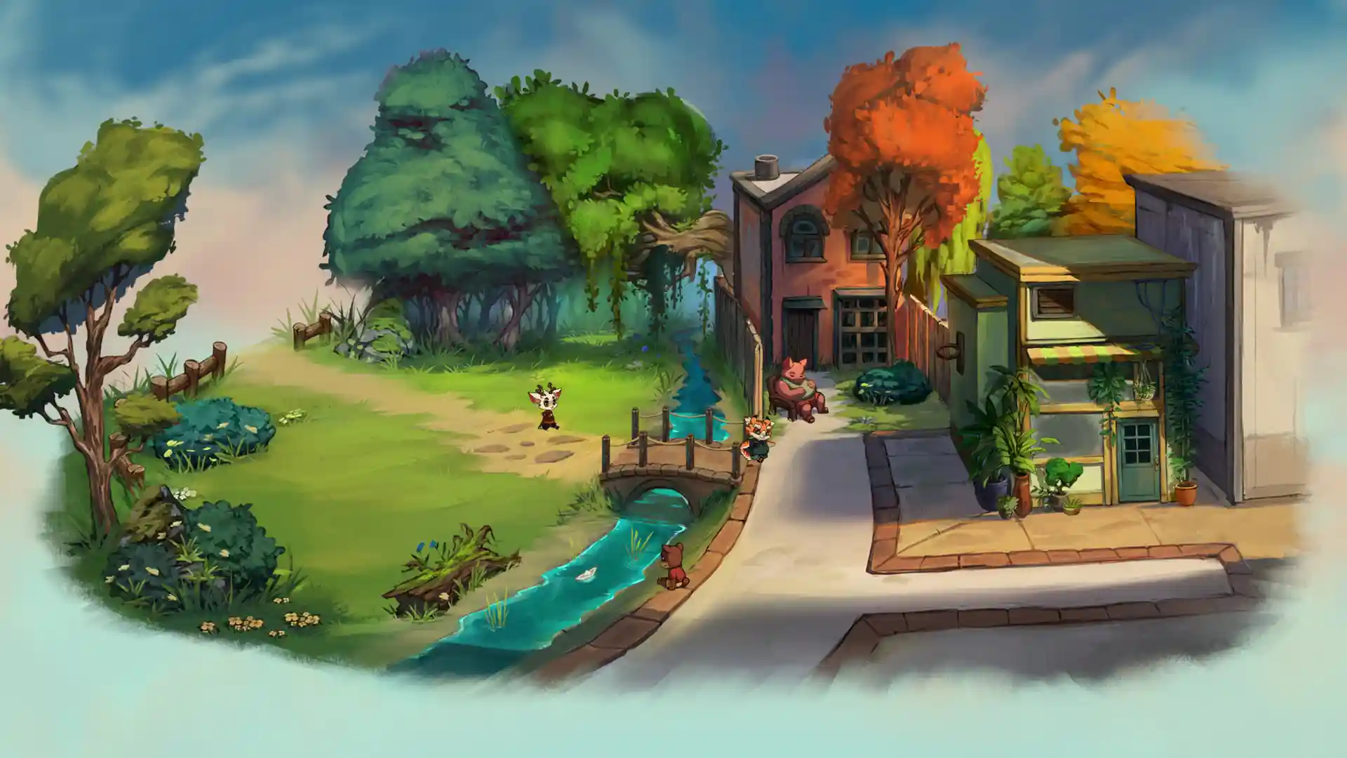 Живописный вид на улицу с домами и персонажами, гуляющими по миру Beacon Pines