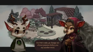 Персонажи игры Beacon Pines в разговоре на фоне заснеженного городского пейзажа
