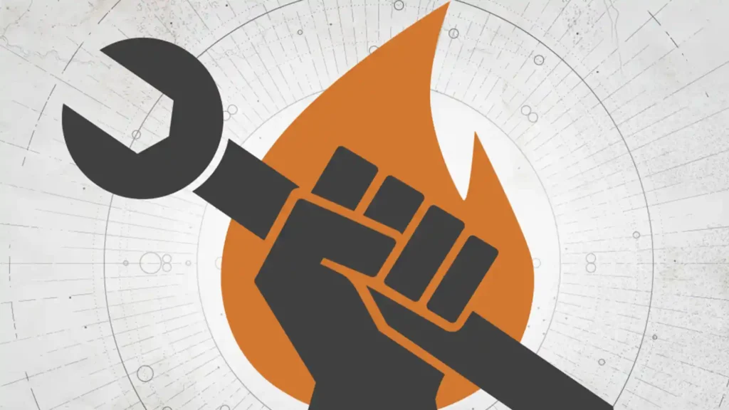 Логотип обновления Destiny 2 7.3.4.2 с изображением гаечного ключа и огненного пламени.