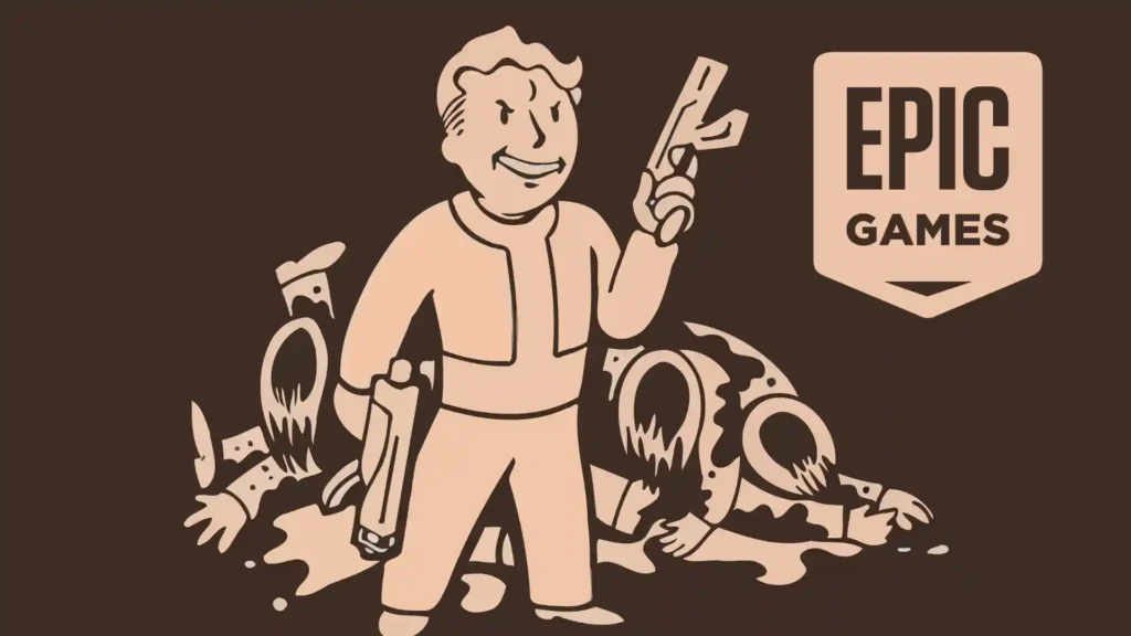 Логотип Epic Games с изображением персонажа из Fallout и различными элементами игры на фоне