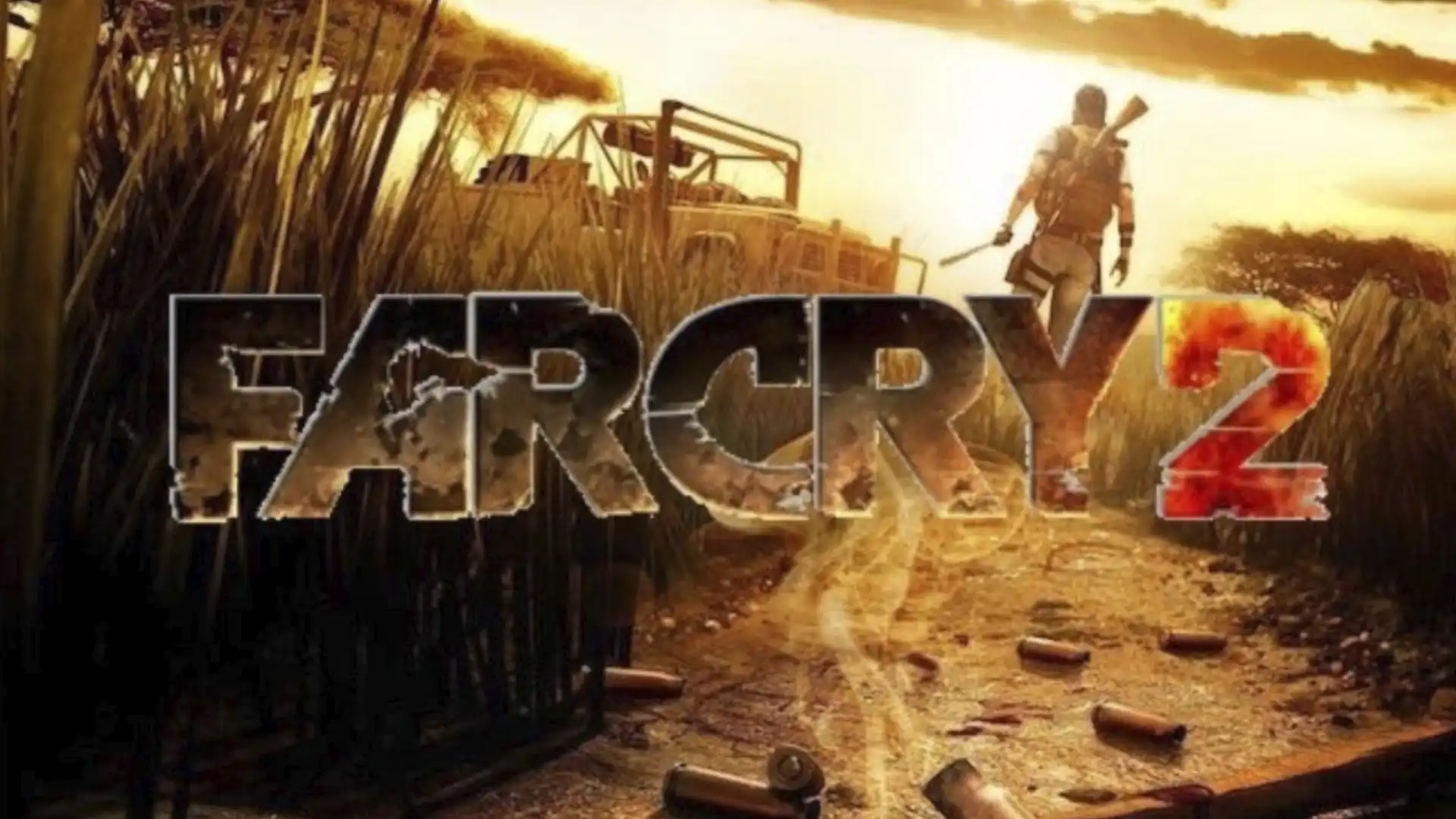 Обложка игры Far Cry 2 с видом на закат и силуэтом вооруженного человека.