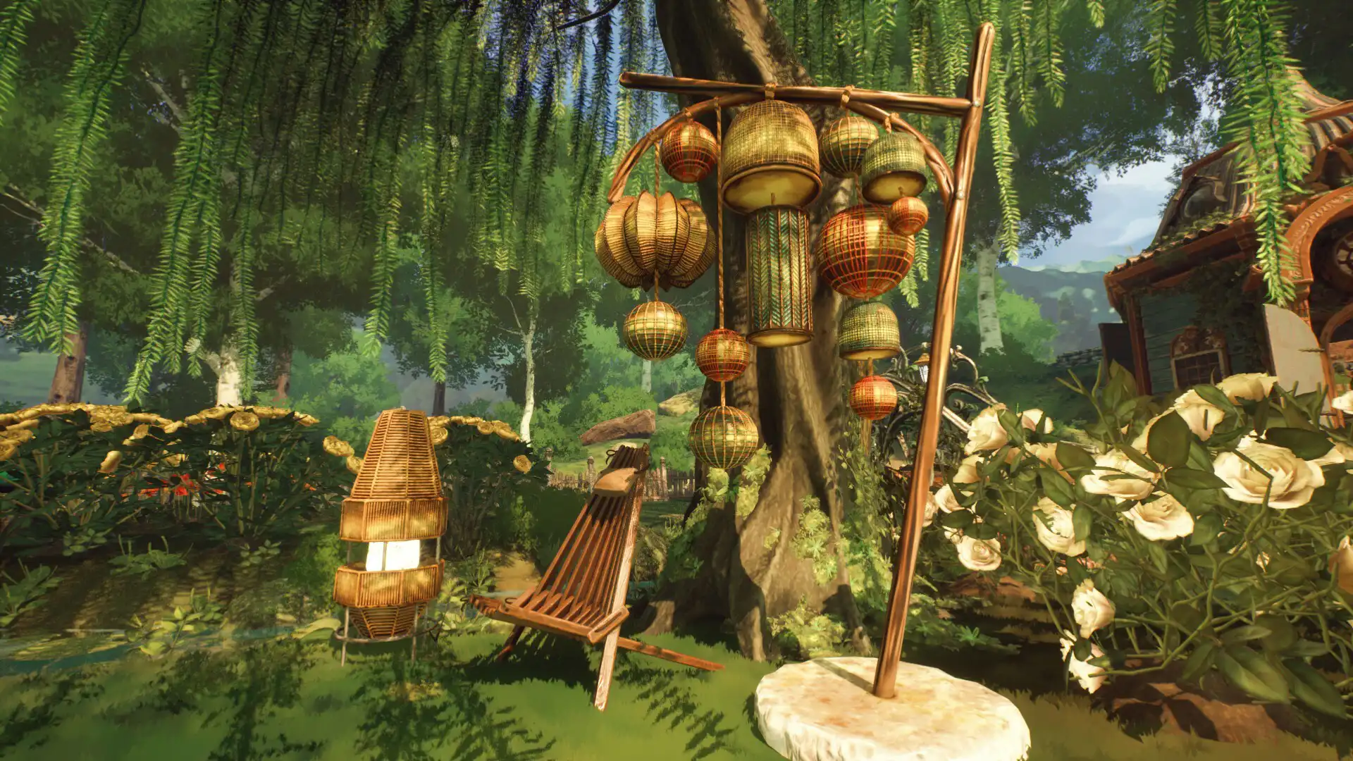 Уютный уголок в саду с висячими фонарями и качелей в дополнении к игре