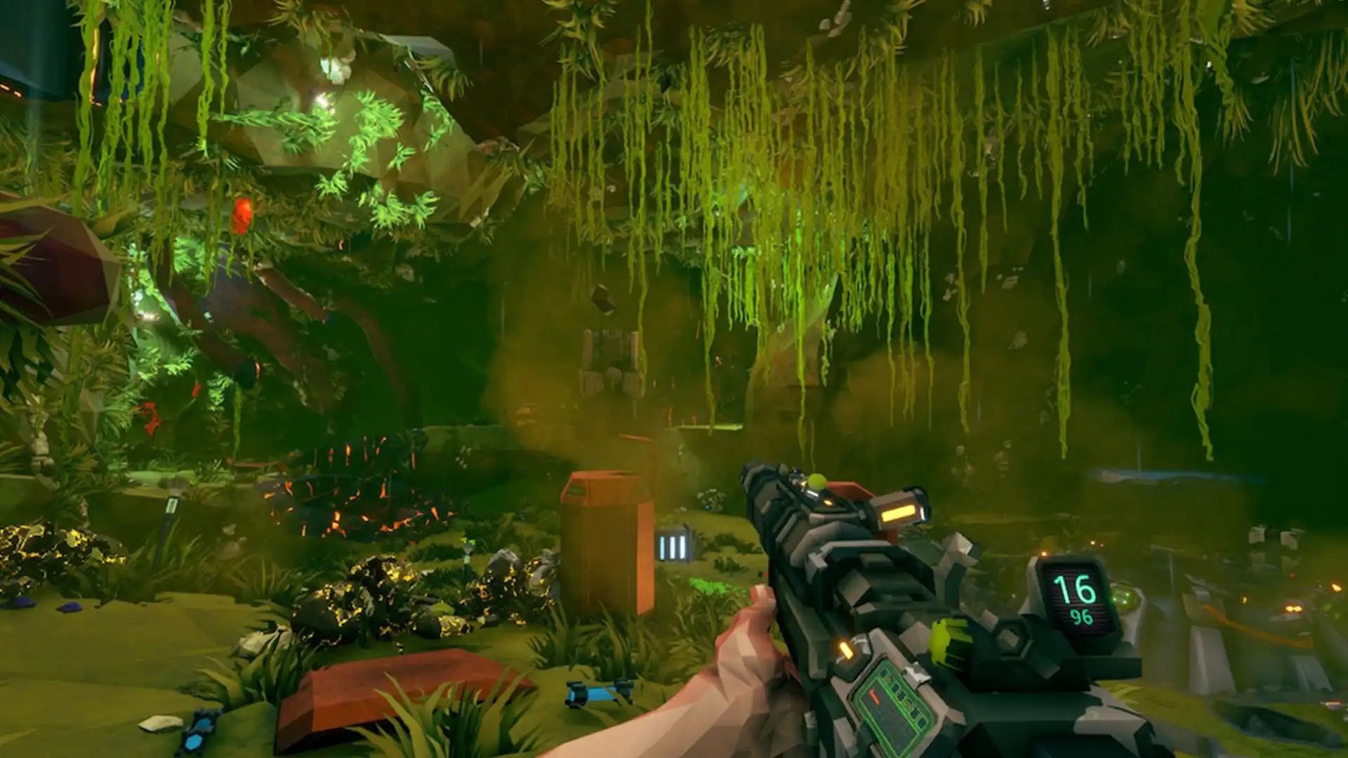 Игрок в Deep Rock Galactic исследует зеленую пещеру после обновления S04.15.