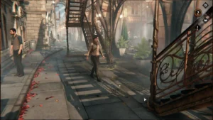 Главная героиня игры Syberia: The World Before идет по улице европейского города.