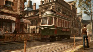 Трамвай проезжает по улицам города в игре Syberia: The World Before.