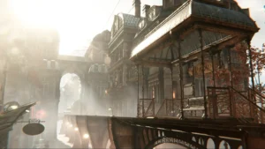 Закатное солнце освещает старинные здания в игре Syberia: The World Before.