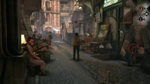 Героиня проходит мимо магазина антиквариата в игре Syberia: The World Before.