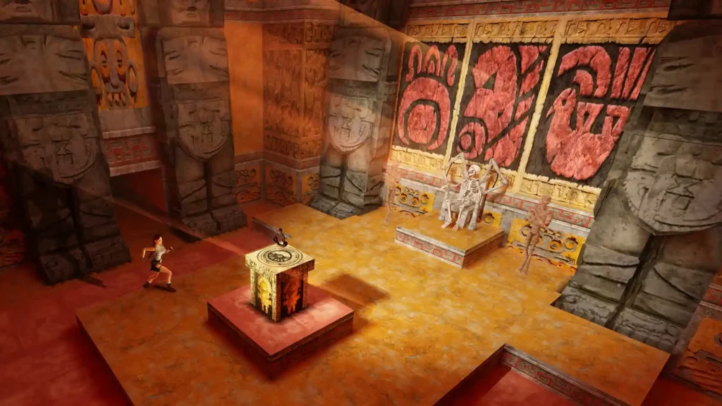 Лара Крофт в древнем храме с загадочными письменами