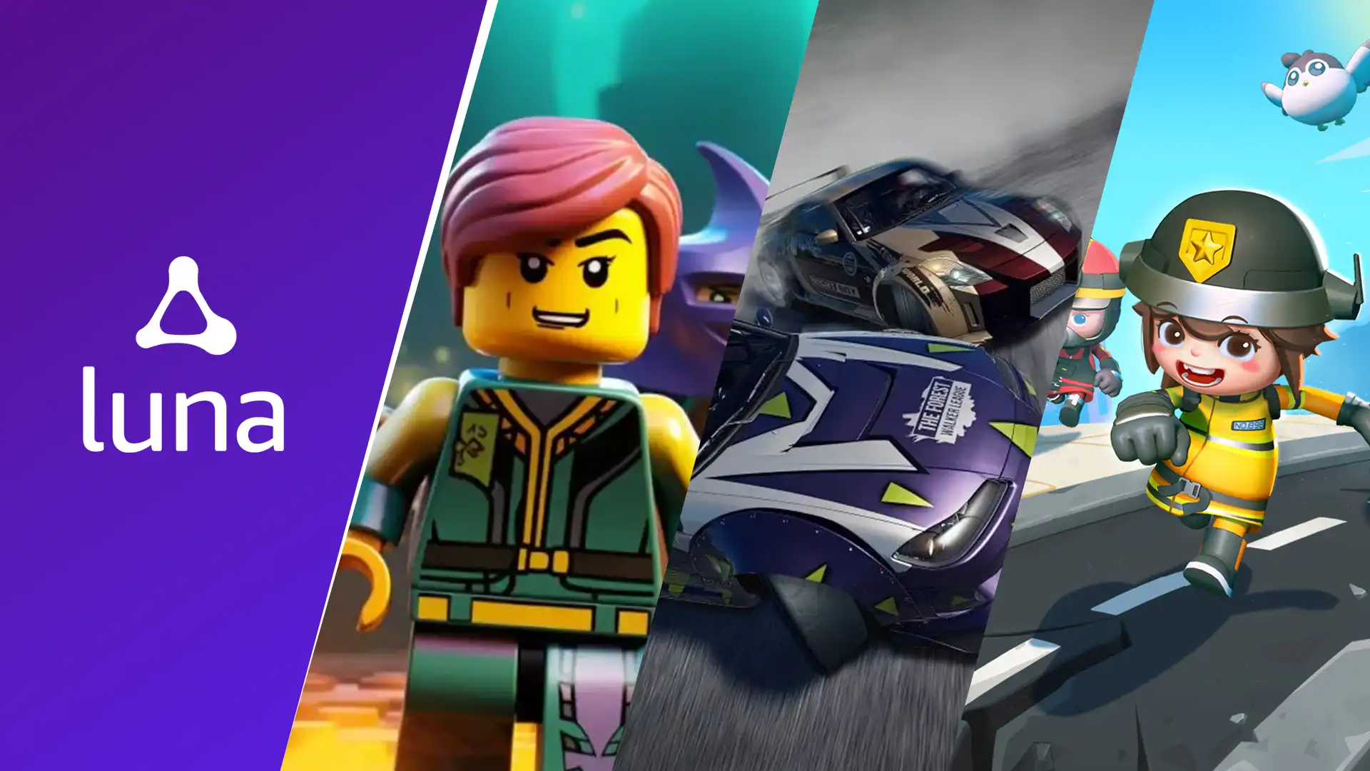Игры на Amazon Luna: LEGO персонаж, гоночные авто, мультяшные герои.