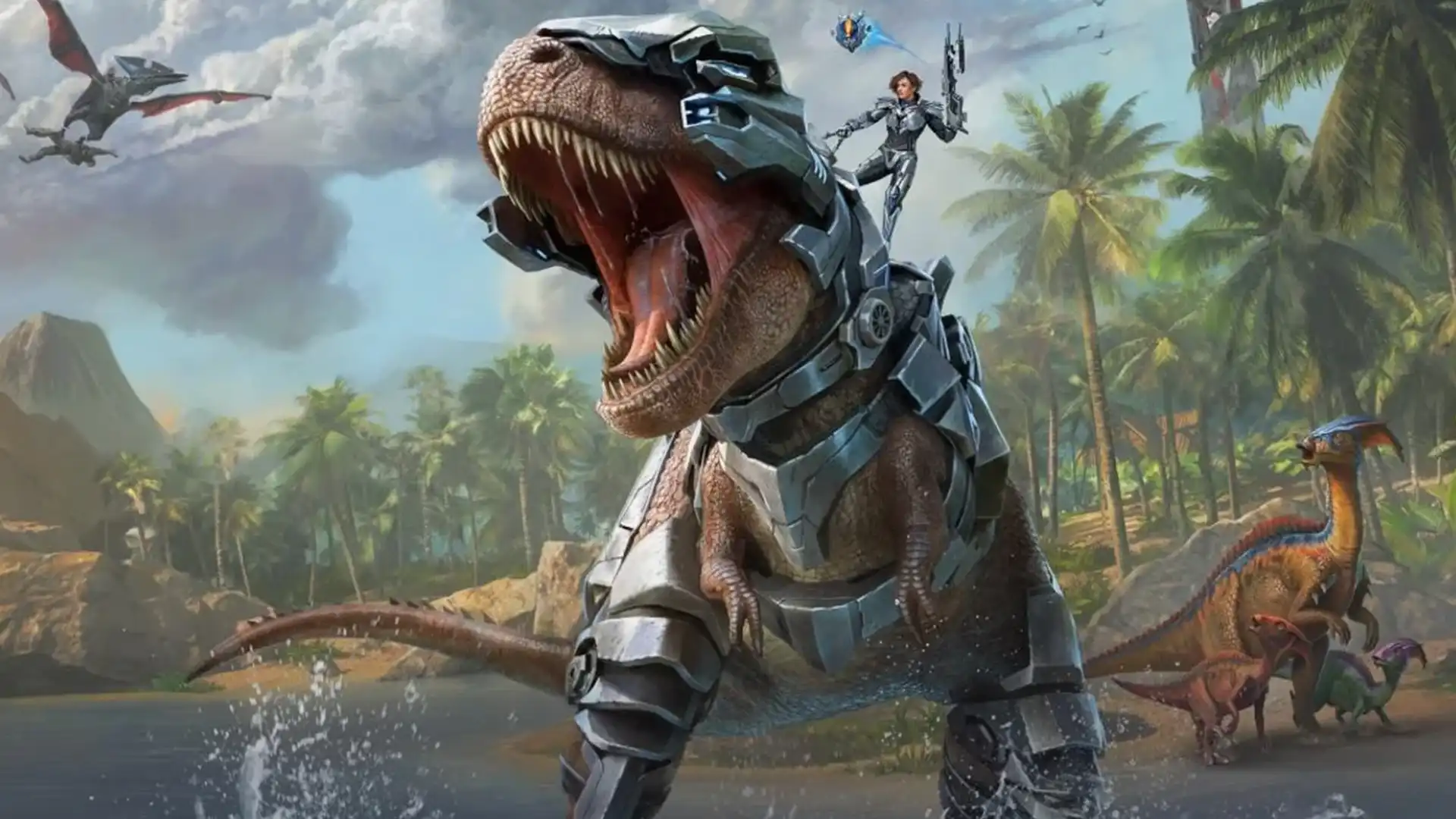 Воин на динозавре противостоит дикой природе в Ark v36.8