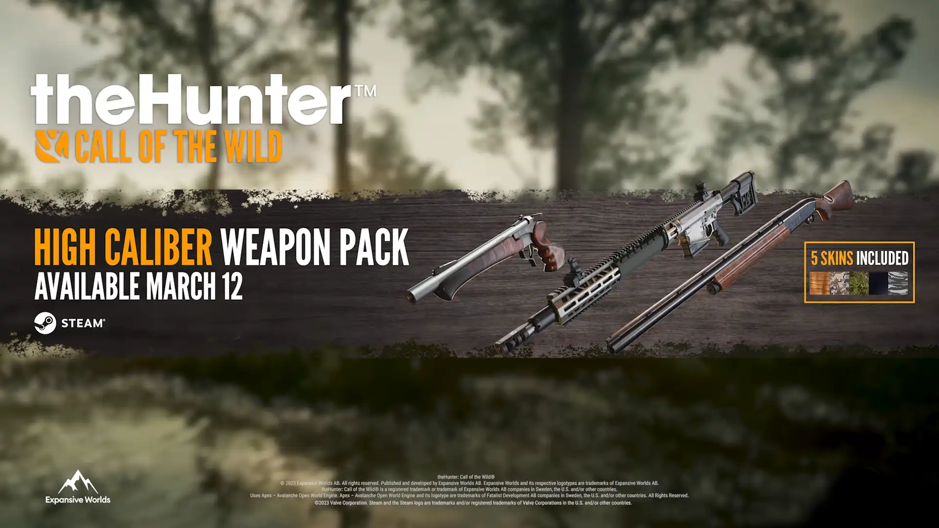 Новый High Caliber Weapon Pack для theHunter: Call of the Wild со стрелковым оружием и пятью расцветками, доступный с 12 марта на Steam.