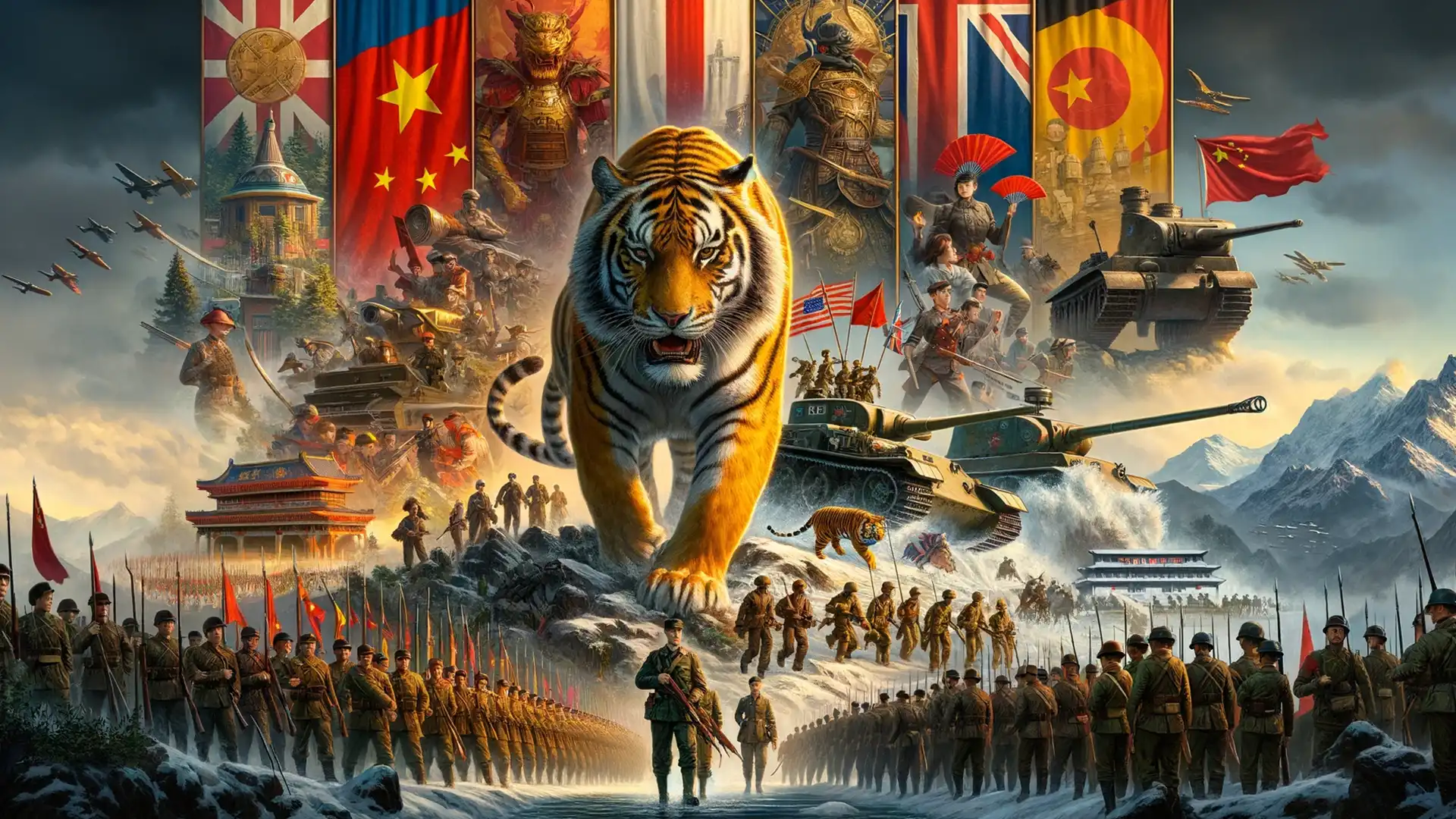 Войска маршируют перед тигром на фоне флагов в Hearts of Iron IV