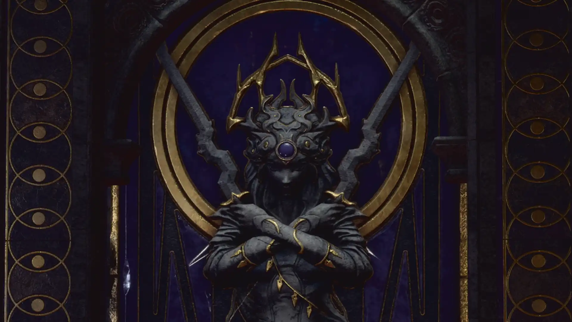 Одетый в тёмные доспехи персонаж из Baldur's Gate 3 на фоне магических врат.