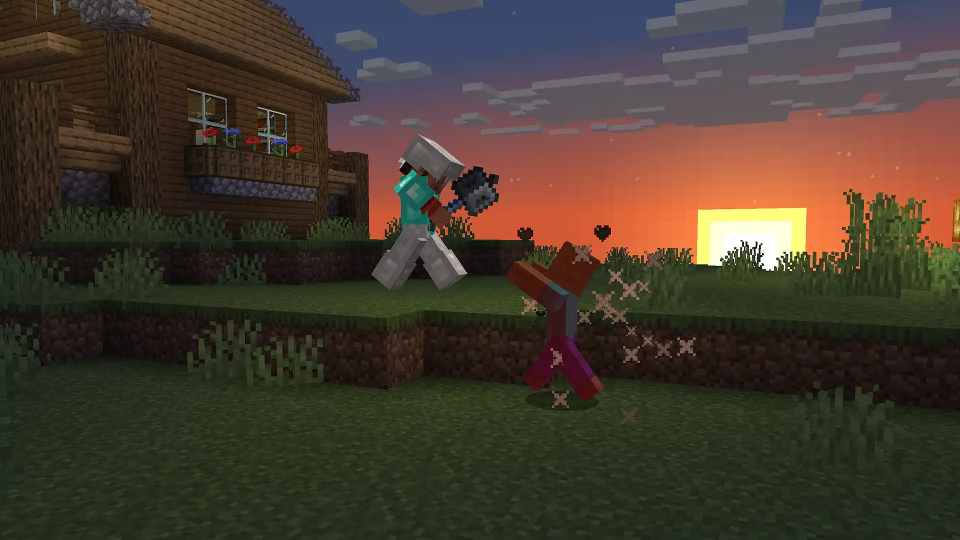 Игрок Minecraft сражается с зомби на фоне заката с новым оружием в обновлении 1.20.80.22.
