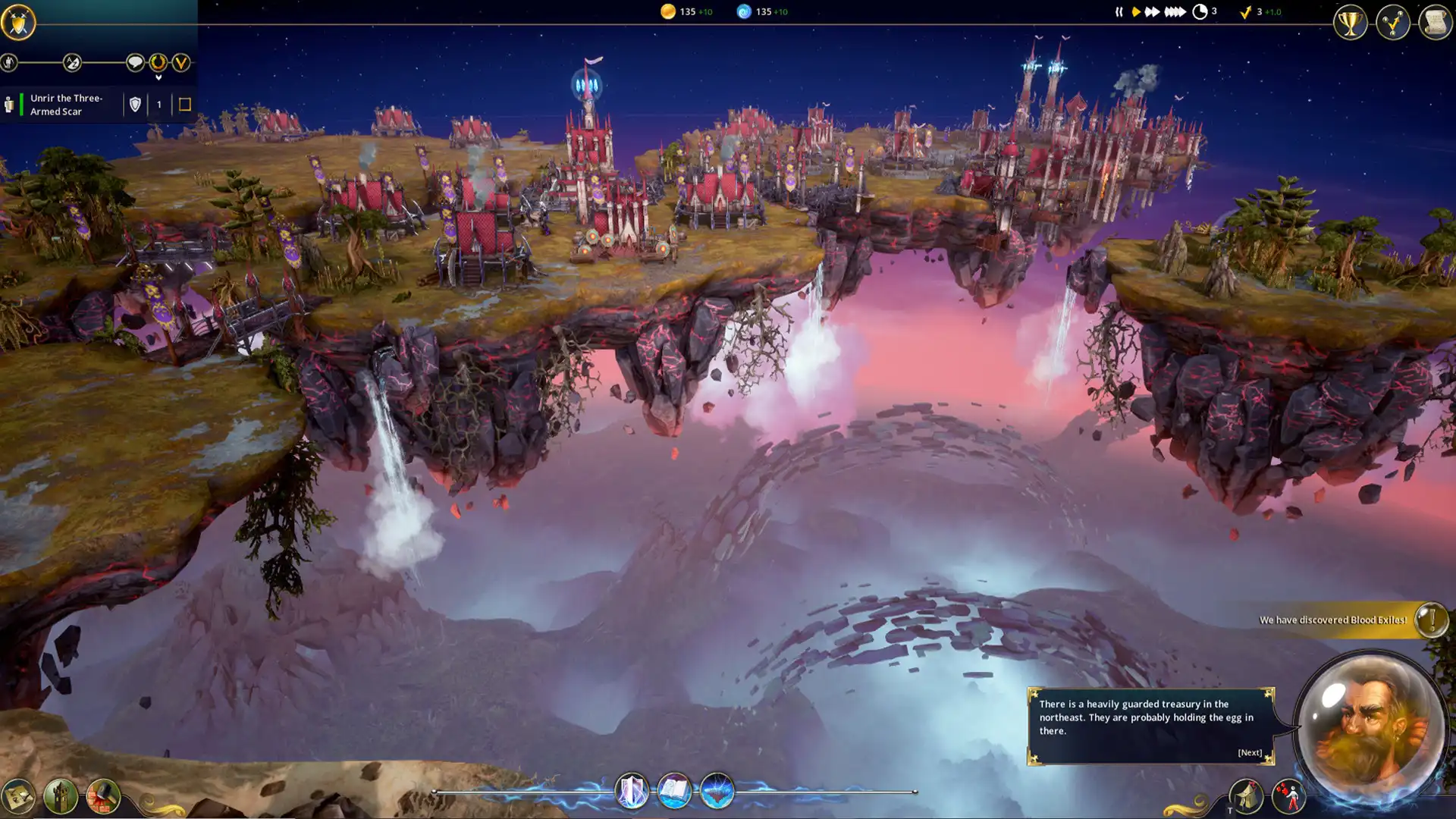 Волшебные плавучие острова игры Nomads of Driftland с водопадами и зданиями.