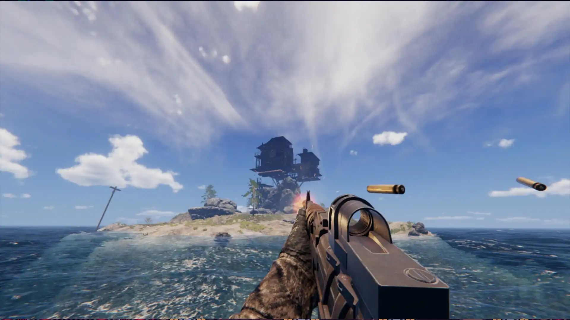 Игрок стреляет по вражескому строению в Sunkenland.
