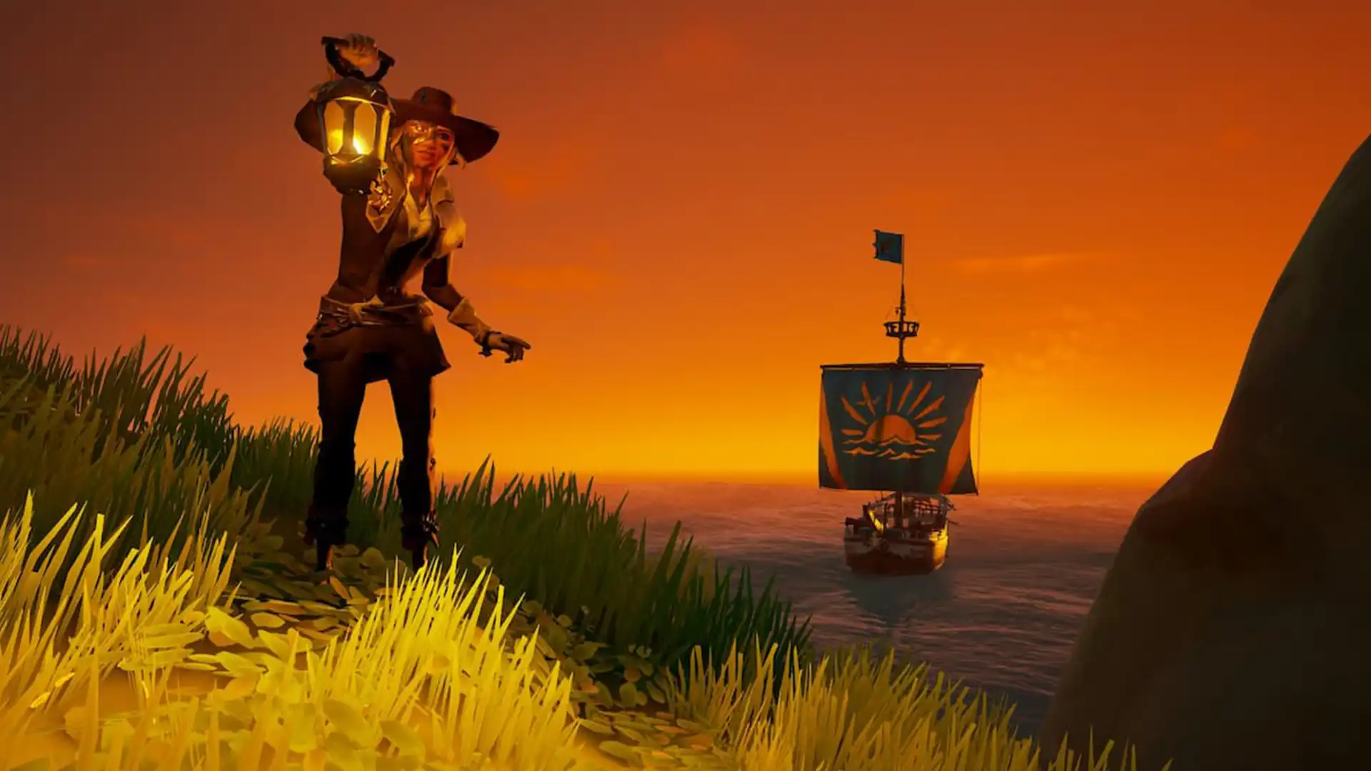 Закат на острове Sea of Thieves и новый корабль из коллекции Islehopper.