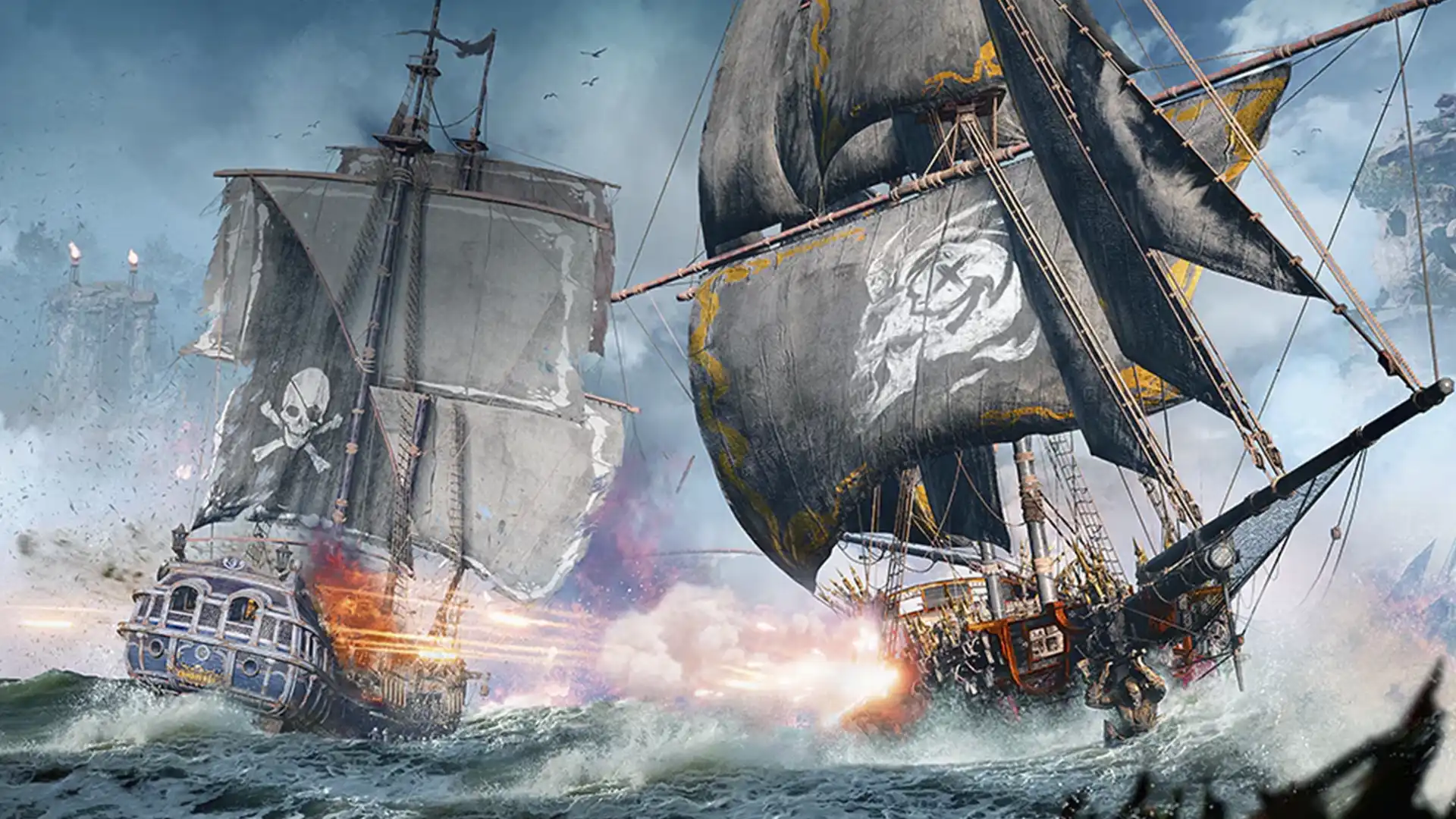 Пиратские корабли в бою на фоне разбушевавшегося моря.