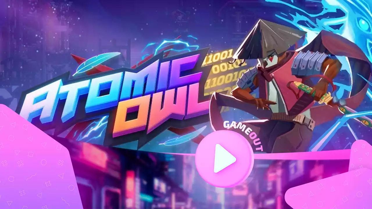 Главный герой игры Atomic Owl стоит с мечом на фоне пиксельной карты