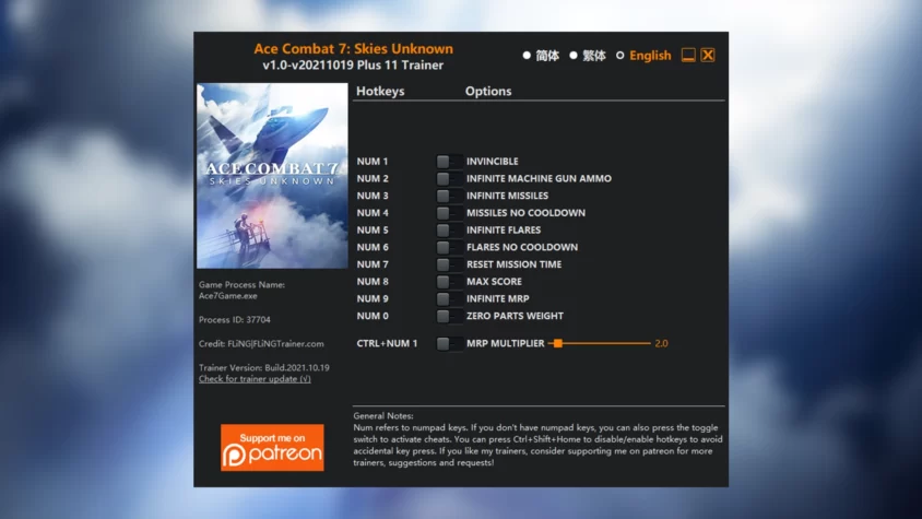 Скриншот трейнера Ace Combat 7: Skies Unknown