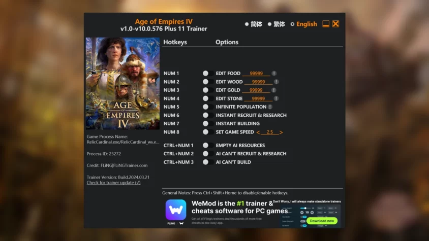 Скриншот трейнера Age of Empires IV